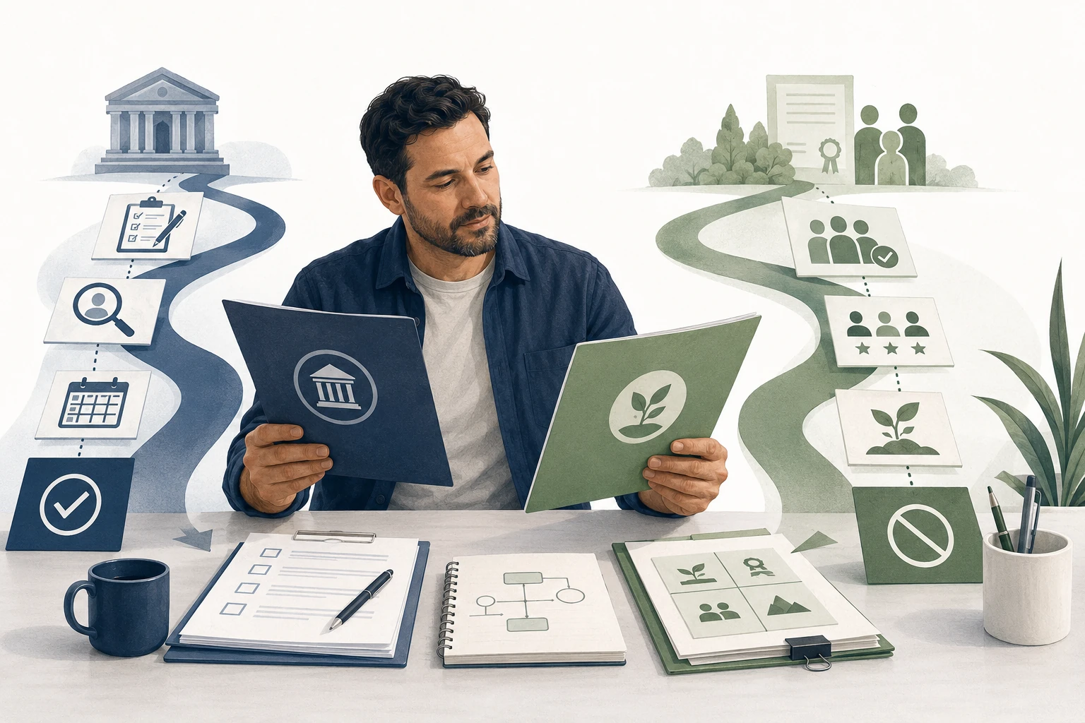 Business owner comparing a government-backed loan path with a restricted grant path